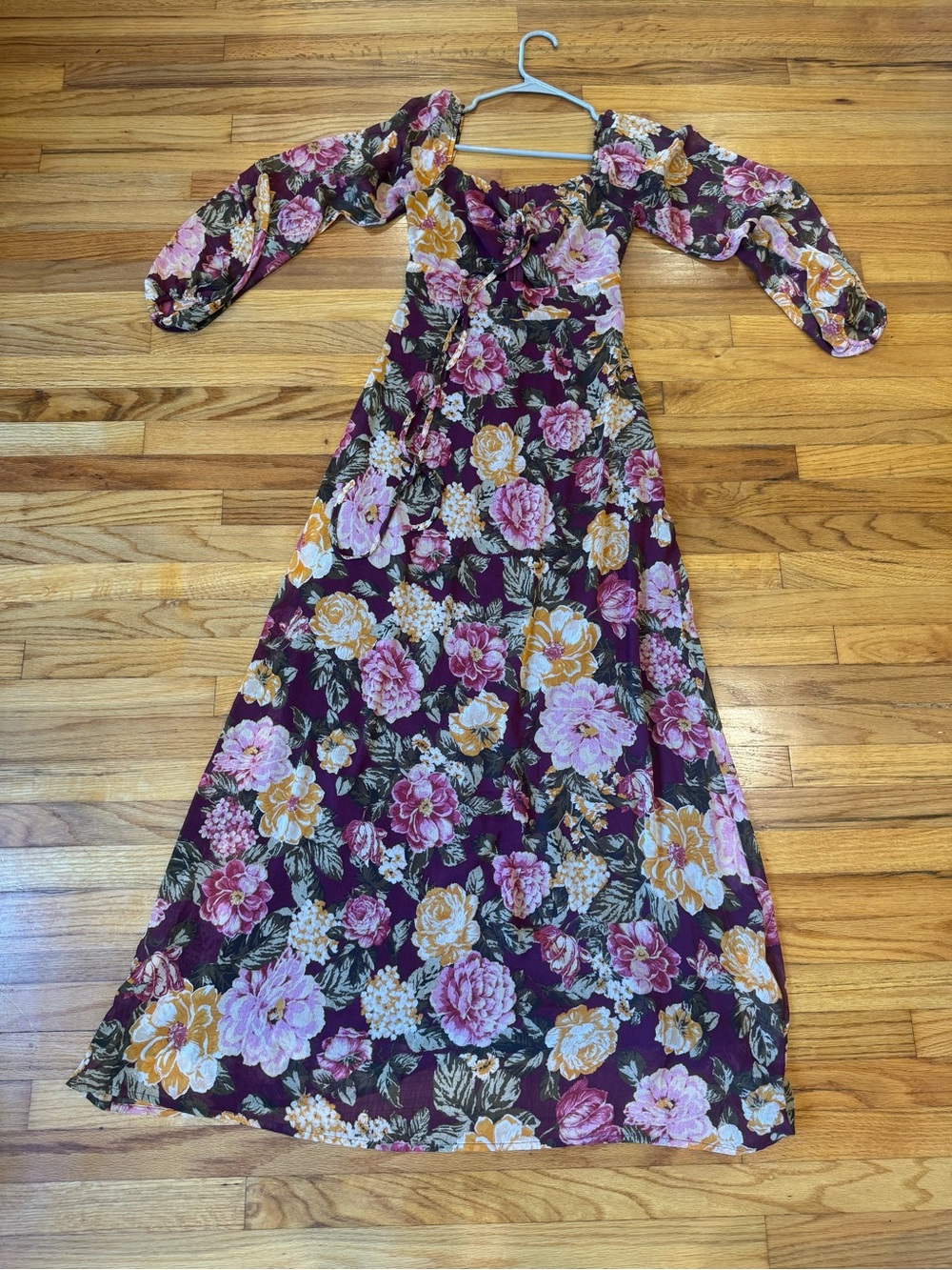 Floral Maroon Maxi Dress with Mustard and Pink Blooms - Picture 2 of 8